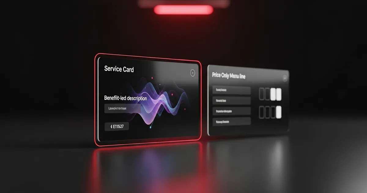 A booking-page service card with a full, benefit-led description highlighted next to a bare price-only menu line.