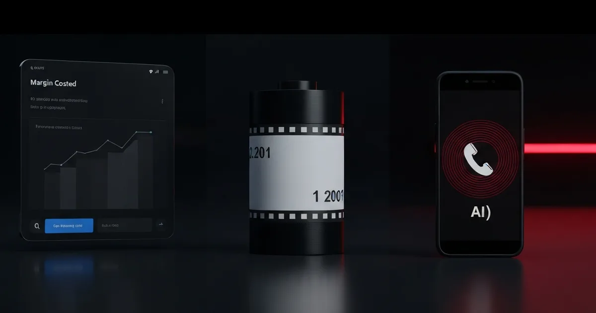 A three-way split showing a margin-costed quote screen, a labeled film roll, and a phone on an AI call — the strengths of the three tools.