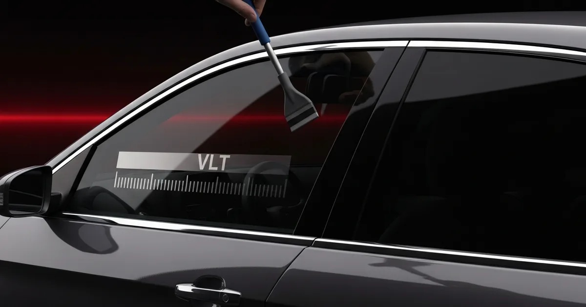 A sedan side window mid-install with a squeegee, a light-to-dark VLT scale overlaid across the glass.