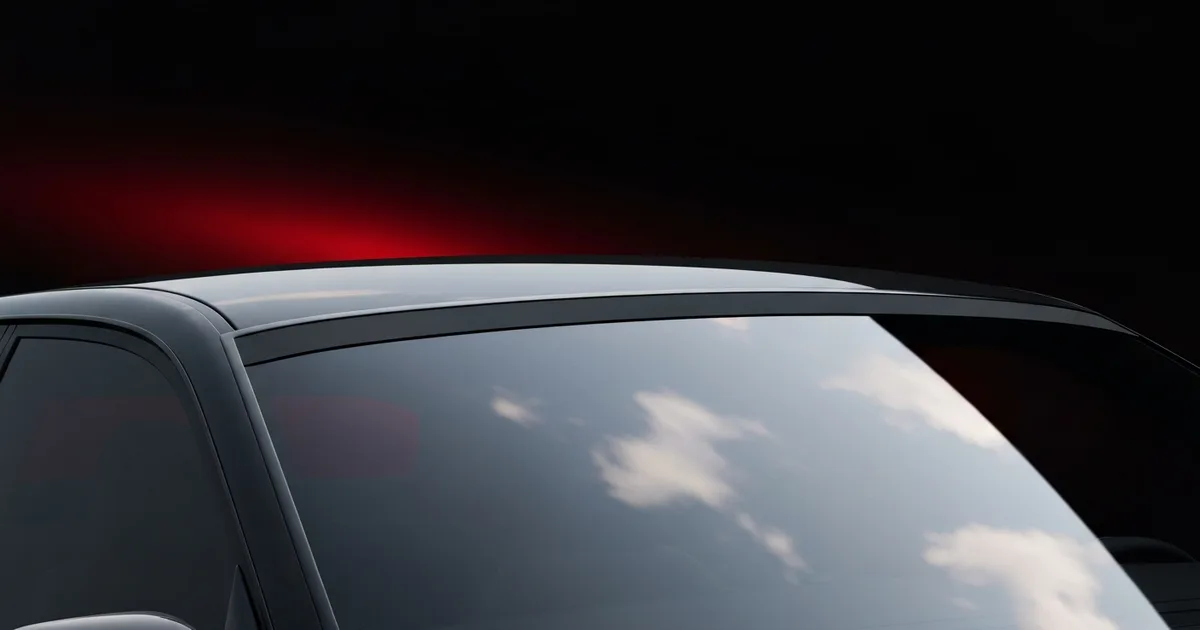 Illustration of a tinted car windshield with a dark brow strip across the top edge under a bright sky.