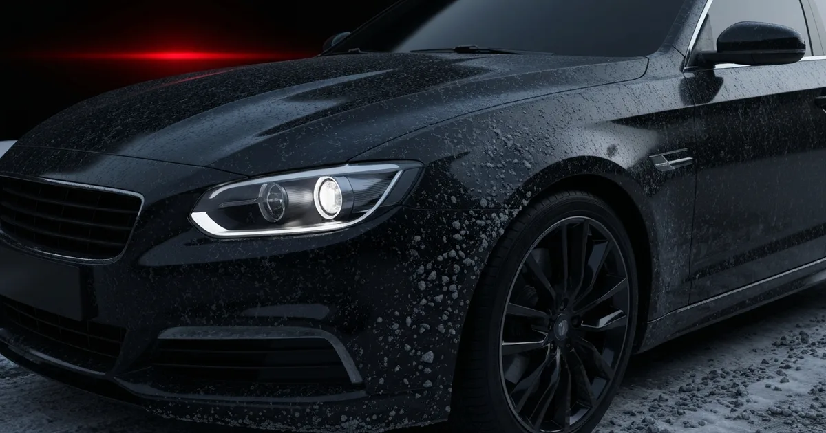 A dark, salt-crusted car on a slushy winter street at dusk, fresh gravel rash catching the light on its hood and fenders.