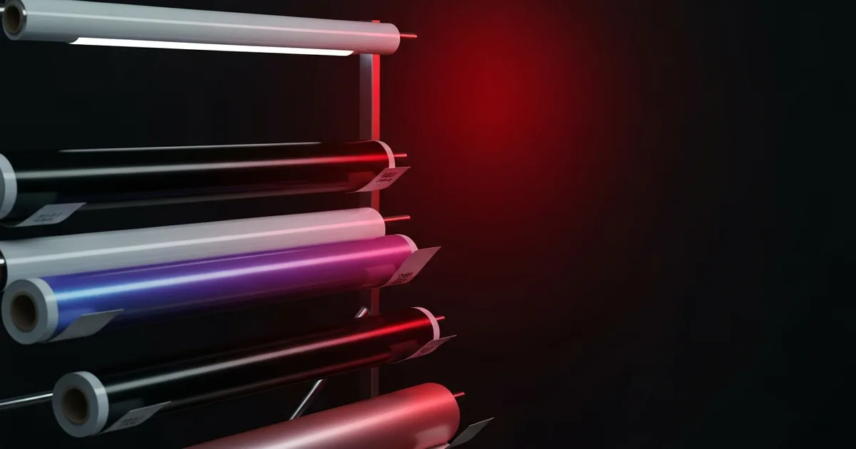 A rack of wrap-vinyl rolls in mixed finishes — gloss, satin and color-shift — under clean shop lighting with a red accent, labels turned away.