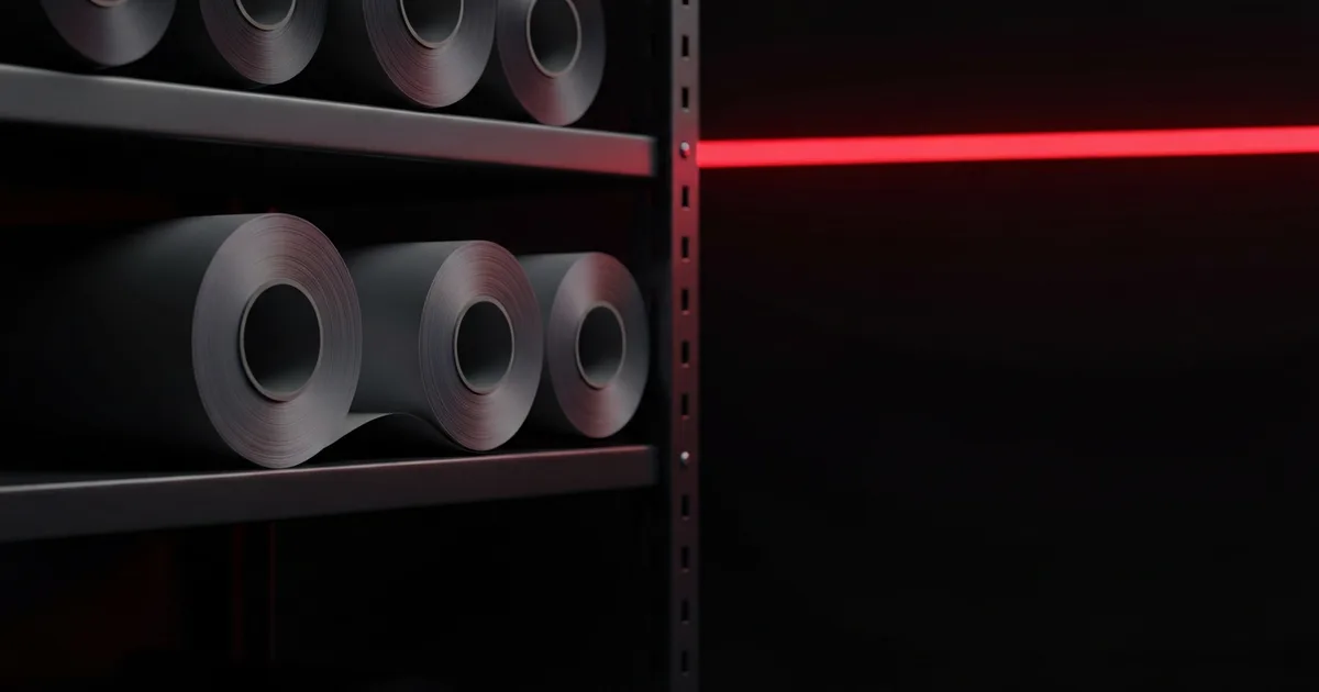 Rolls of paint protection film on a shelf with the linear-foot edge visible, in a clean automotive studio.