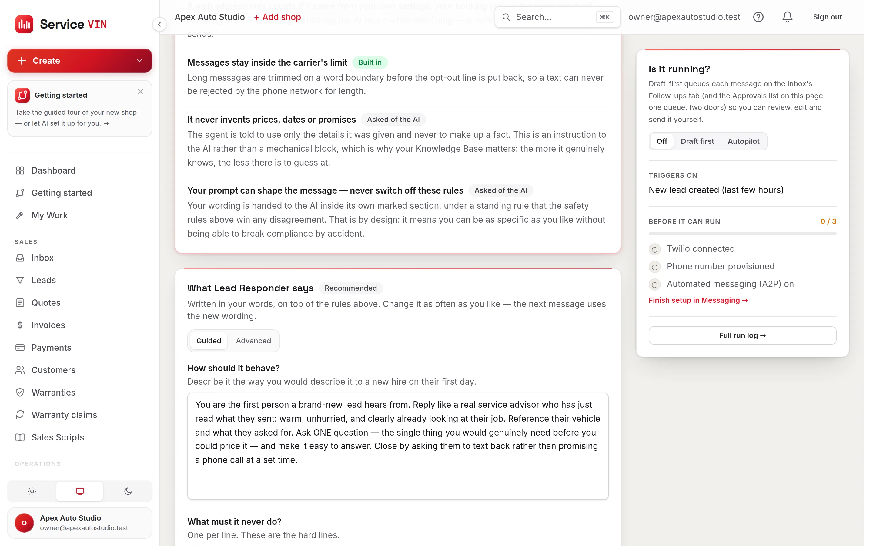 The Prompt tab on the Lead Responder: the Always on list of locked safety rules, each badged Built in or Asked of the AI, above the guided questions pre-filled with that agent's recommended wording and its never/always rules shown as chips