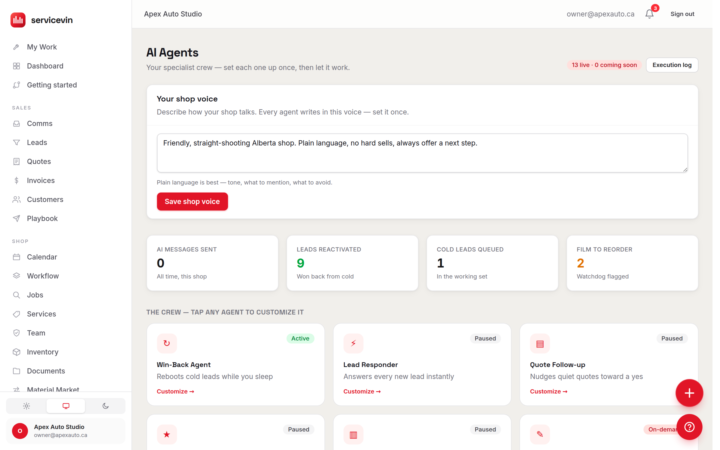 The AI Agents page with per-agent status badges and the shop voice editor