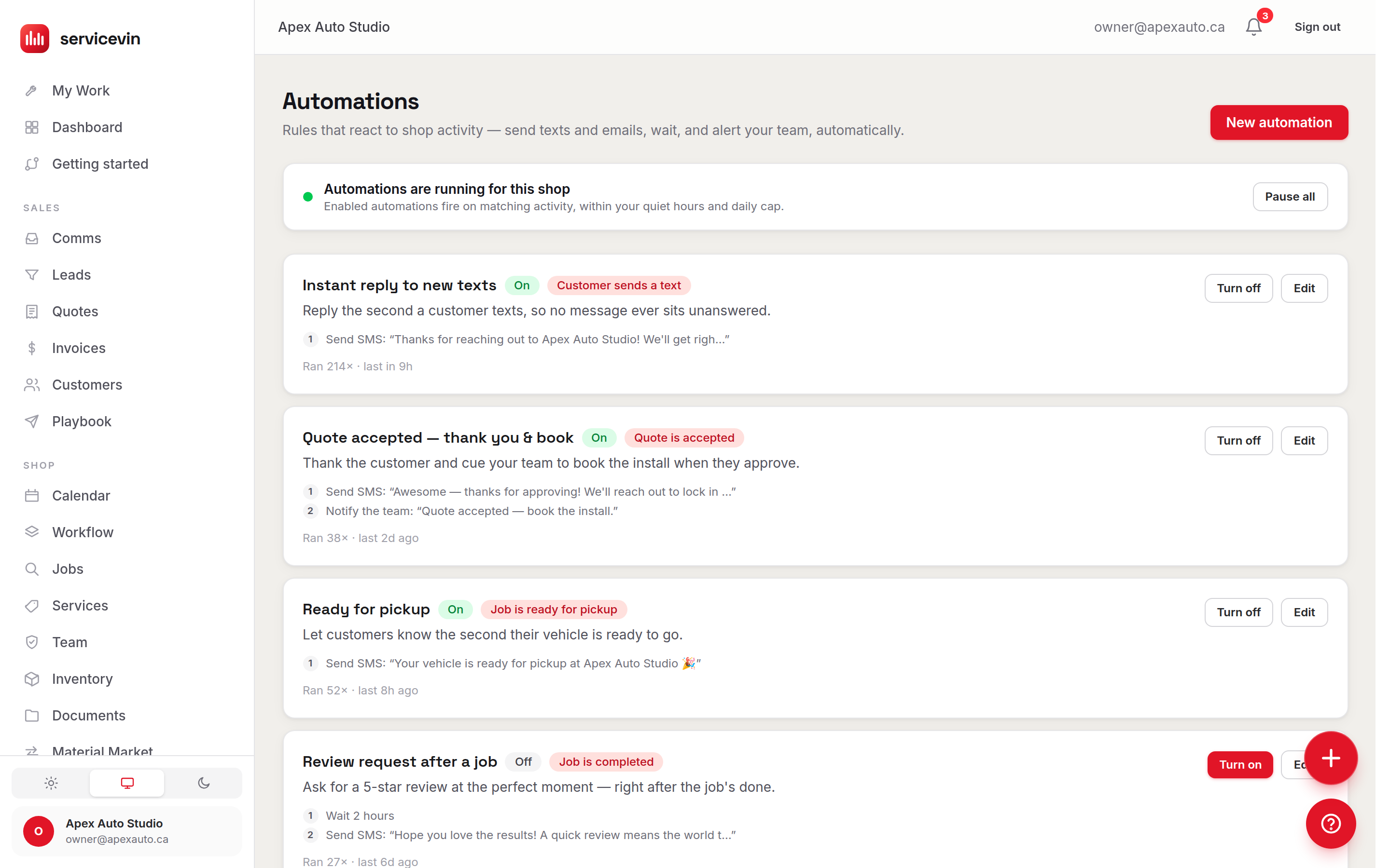 The Automations page with the master switch, rule cards, template gallery and recent runs