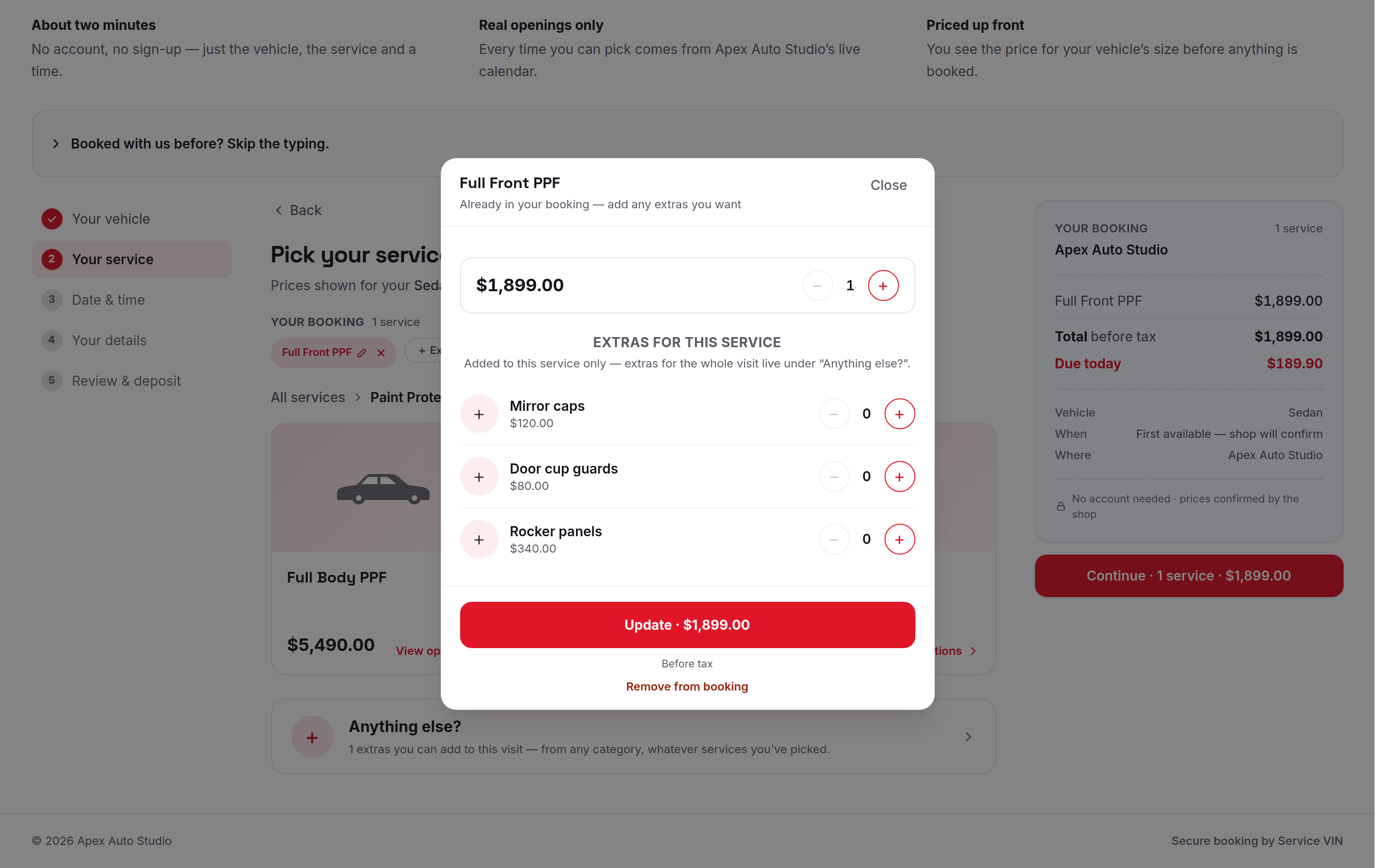 The booking storefront opened from a direct link, with the service already in the booking and its add-on menu open on top.
