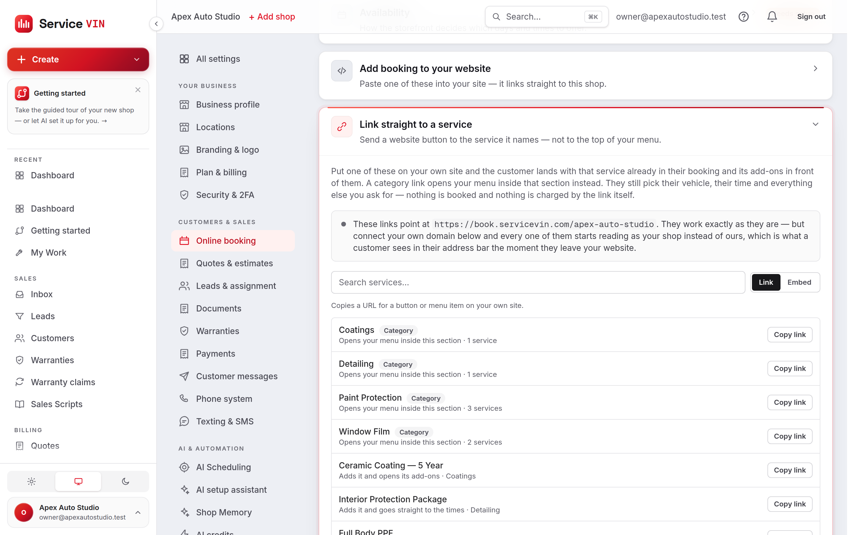 The “Link straight to a service” card in Settings → Online booking, listing each category and service with a Copy link button.