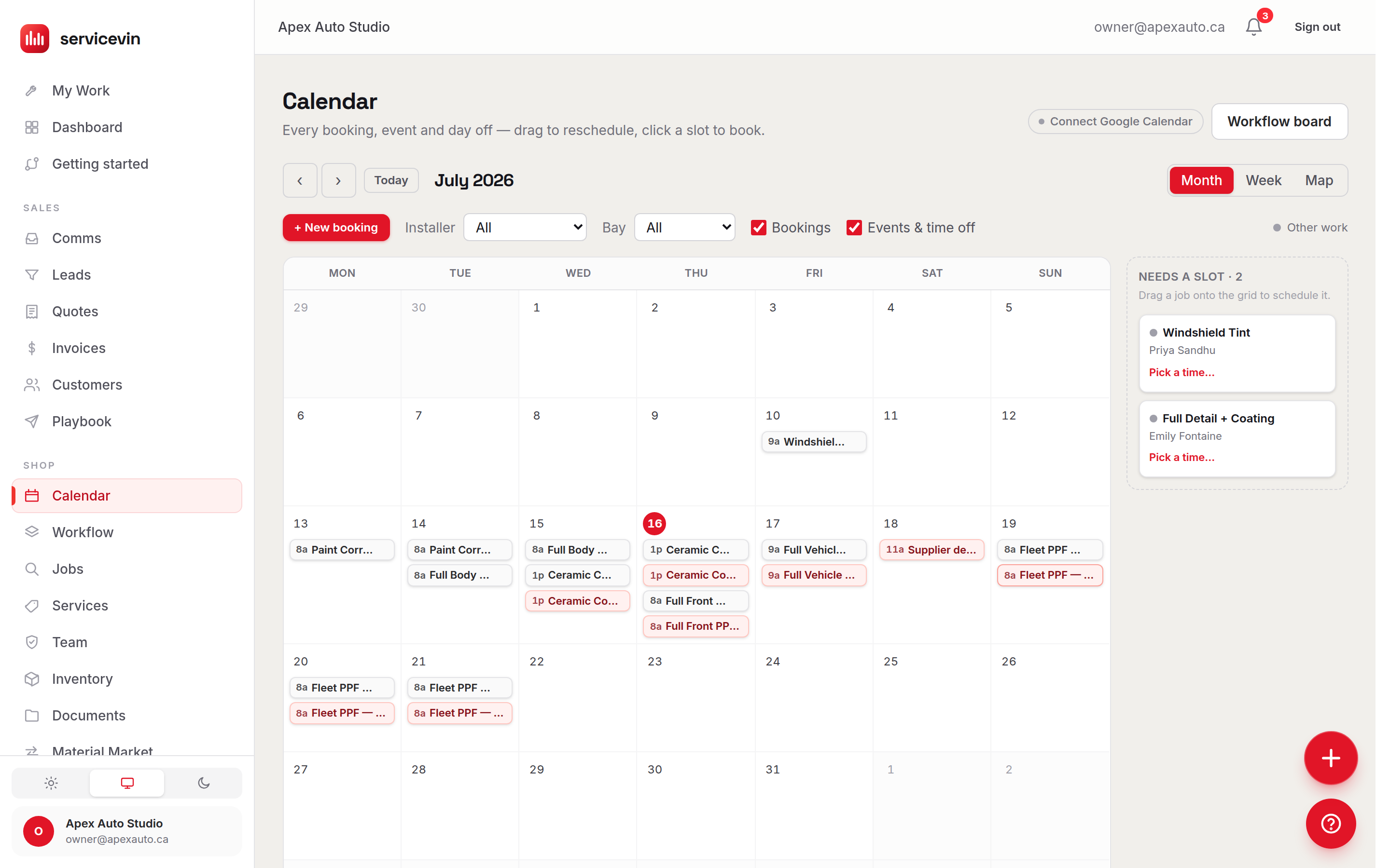The shop calendar showing scheduled jobs and time-off that booking availability reads from