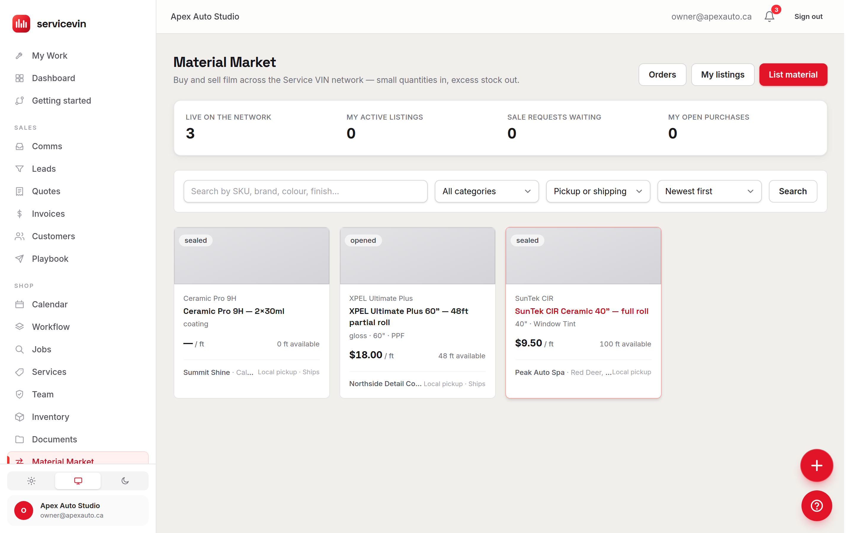 The Film Exchange with network stats and film listing cards