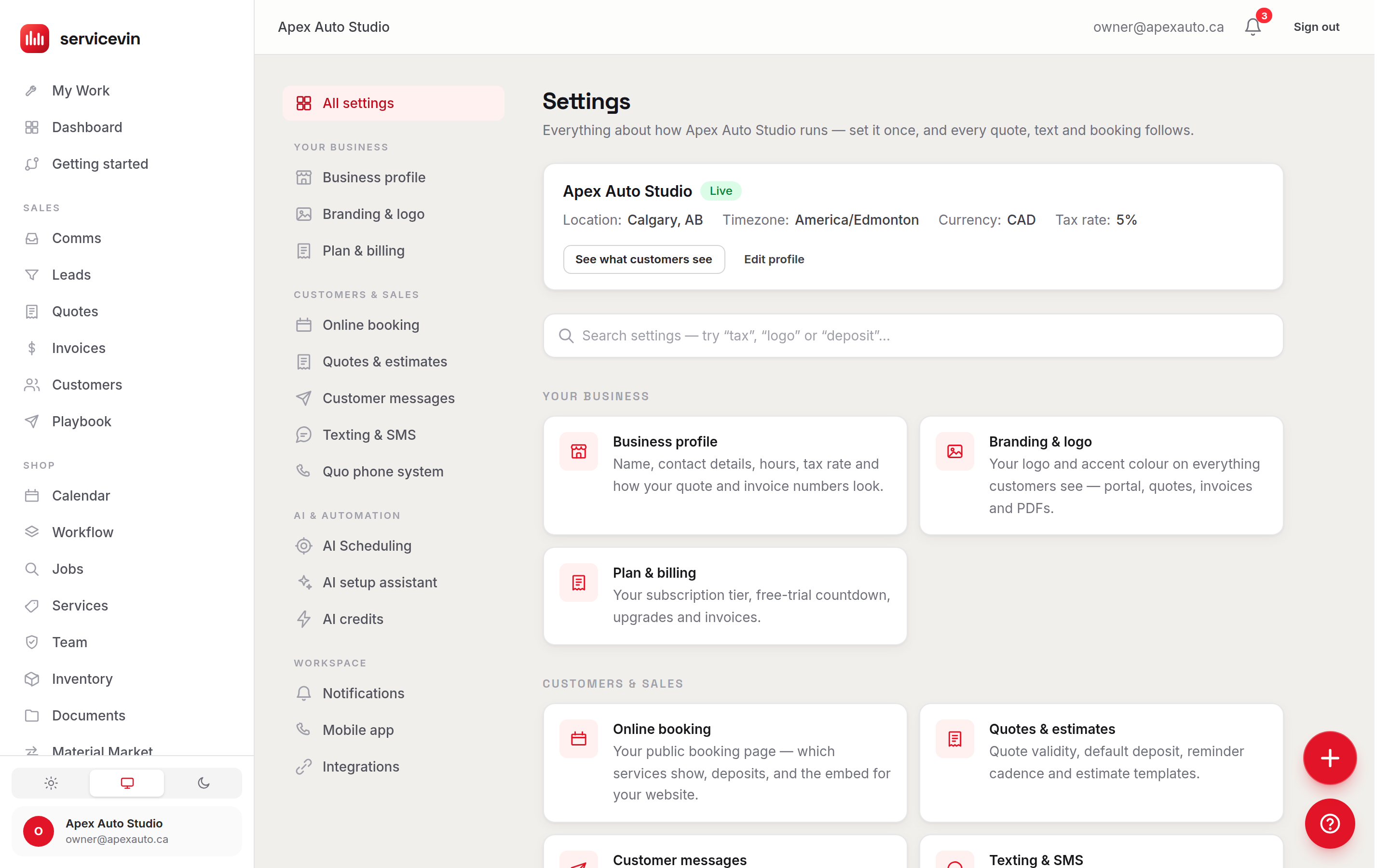The Settings hub with one card per section, including Shop profile